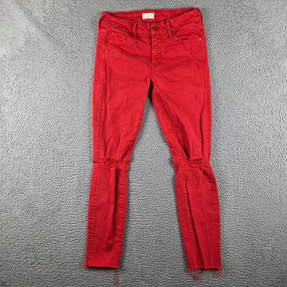 Mother Jean 26 Looker Ankle Fray Firecracker Red Skinny Mid Rise Raw Hem Stretch